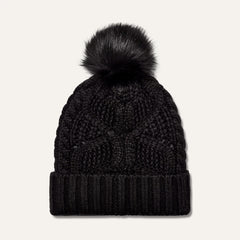 Women's Cable Beanie With Pom - BLACK