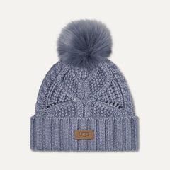 Women's Cable Beanie With Pom - SILVER BLUE
