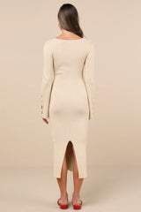 Classy Attitude Emerald Ribbed Square Neck Midi Sweater Dress
