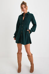 Autumn Mood Dark Brown Corduroy Mini Dress With Pockets