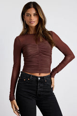 Instant Trend Purple Floral Mesh Ruched Long Sleeve Top