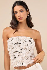 Dazzling Sense Beige and Gold Sequin Fringe Strapless Crop Top