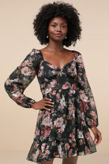 Truly Adorable Green Floral Burnout Balloon Sleeve Mini Dress
