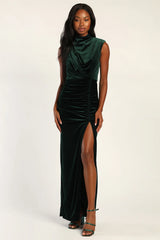 Alluring Image Rust Red Ruched Velvet Mock Neck Maxi Dress