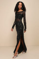 Sheer Fascination Emerald Sheer Mesh Sequin Fringe Maxi Dress
