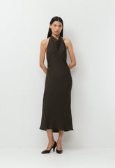 Audience Satin Maxi Halter Dress - CACAO NIB BROWN