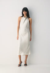 Audience Satin Maxi Halter Dress - MATTE PEARL