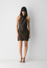Audience Satin Mini Halter Dress - CELLO BROWN /BLACK