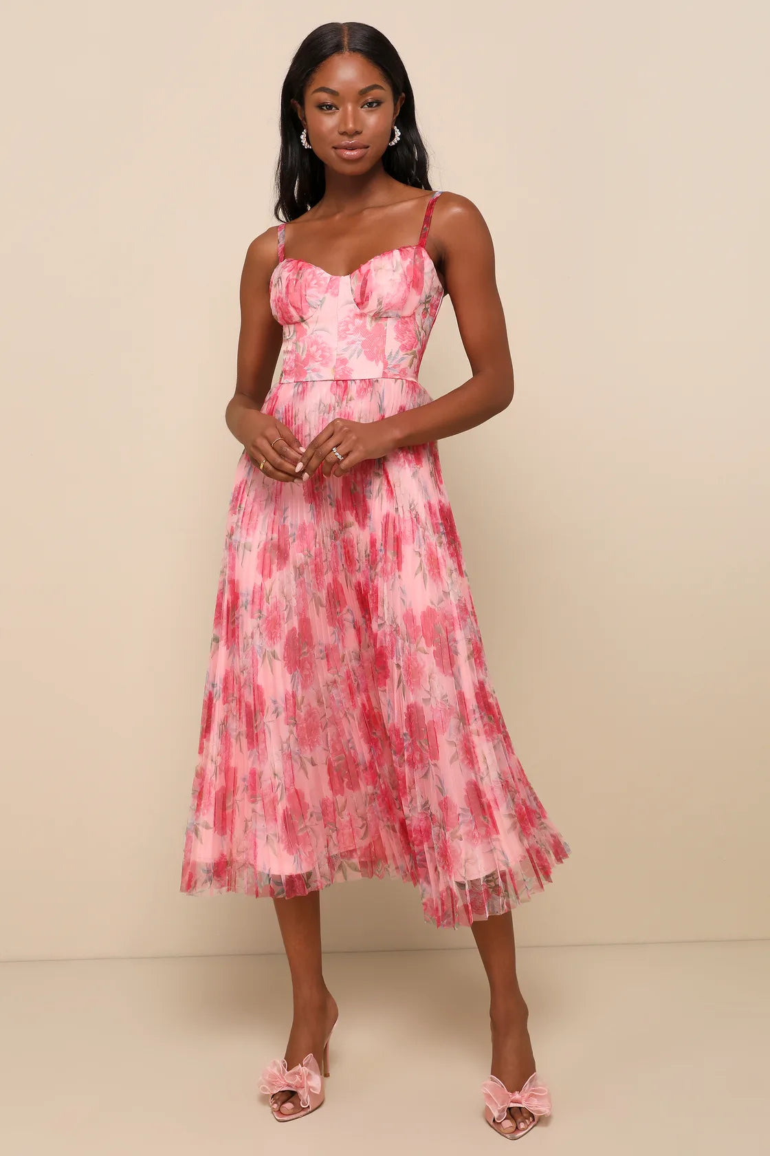 Alluring Invite Purple Multi Floral Pleated Bustier Midi Dress