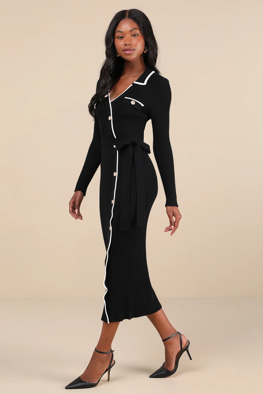 Chic Persuasion Black Ribbed Button-Front Midi Sweater Dress