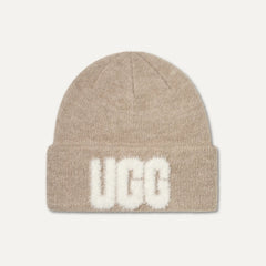 Women's Fuzzy UGG Logo Beanie - CREAM