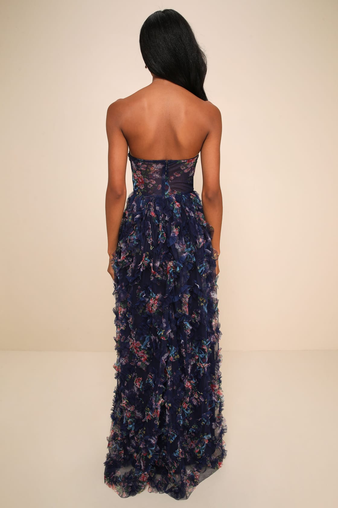 Stunning Element Pink Floral Mesh Ruffled Strapless Maxi Dress