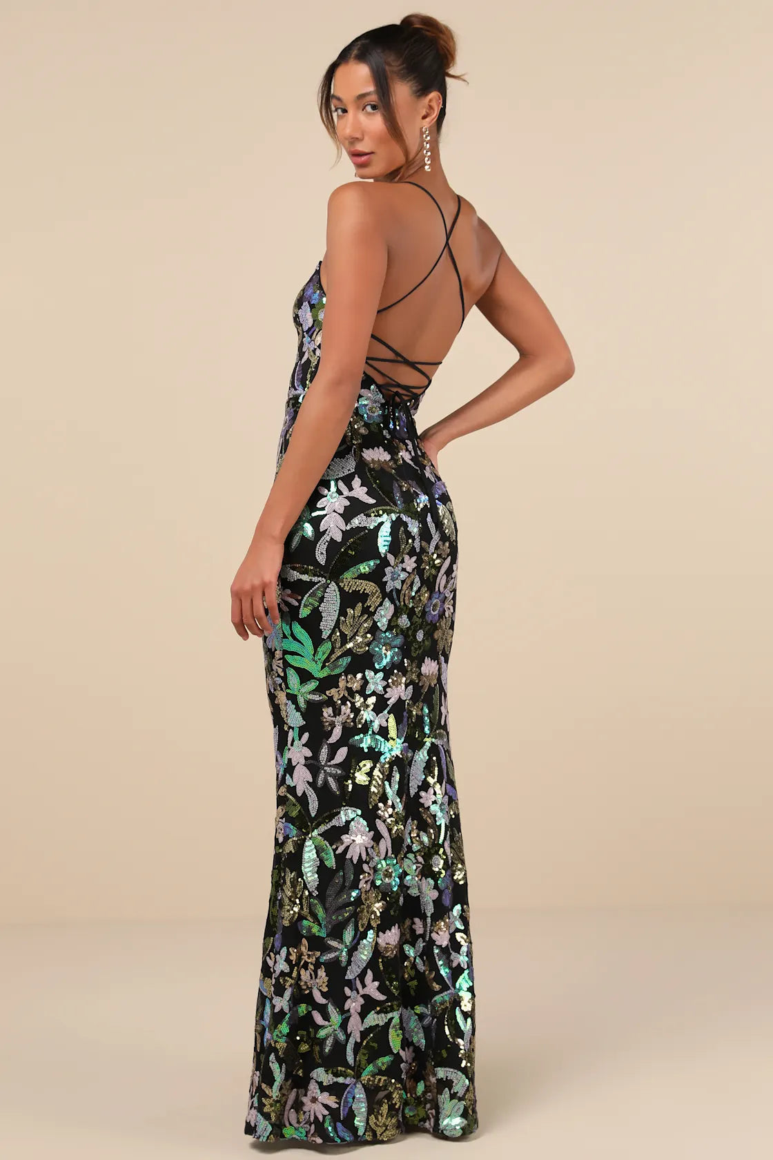 Glittering Icon Magenta Iridescent Sequin Lace-Up Maxi Dress