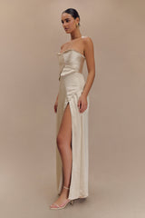 Larissa Satin Maxi Dress With Ruched Petals - Blush Gold
