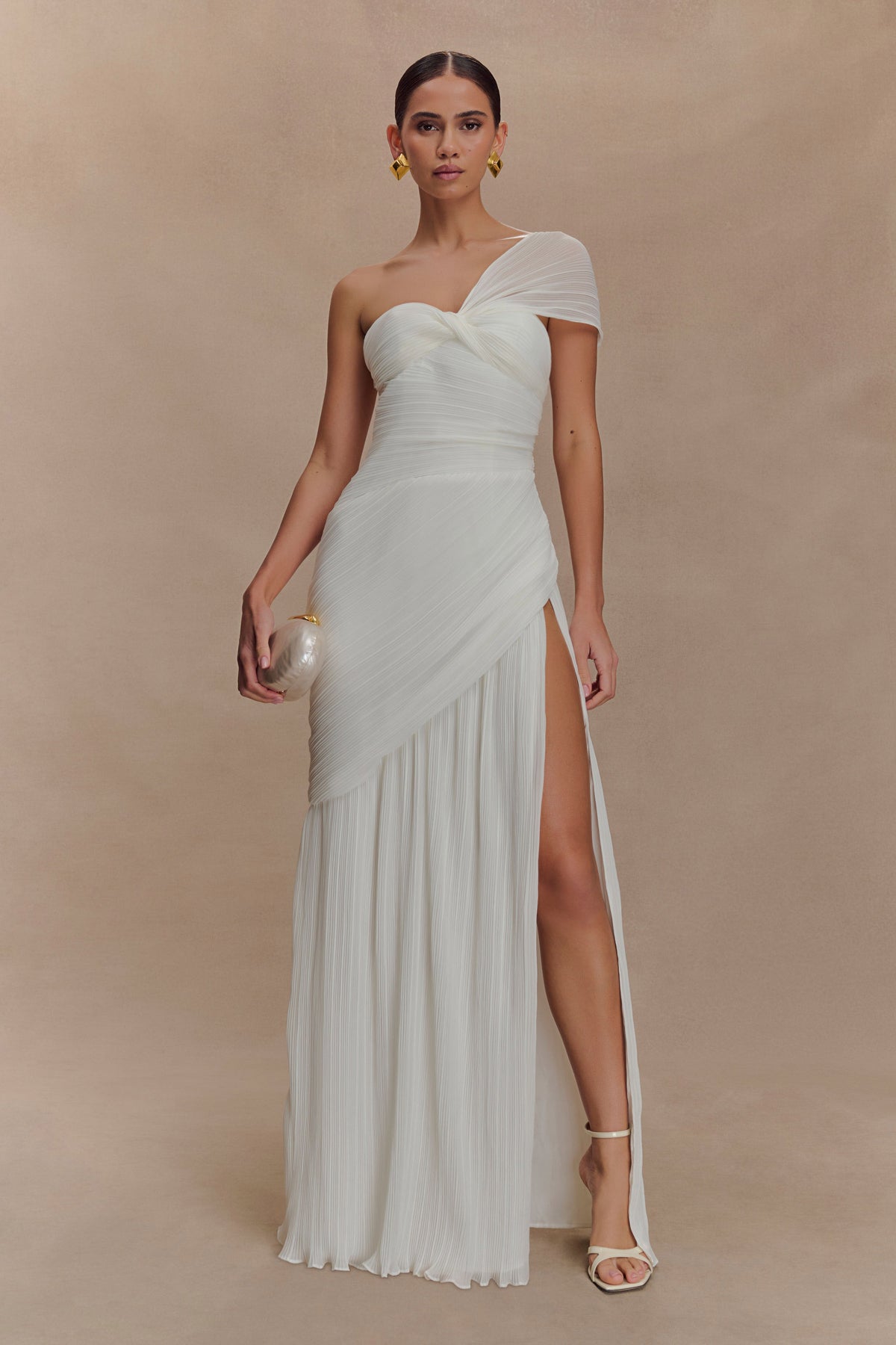 Tamara Shirred Chiffon Midi Dress - White