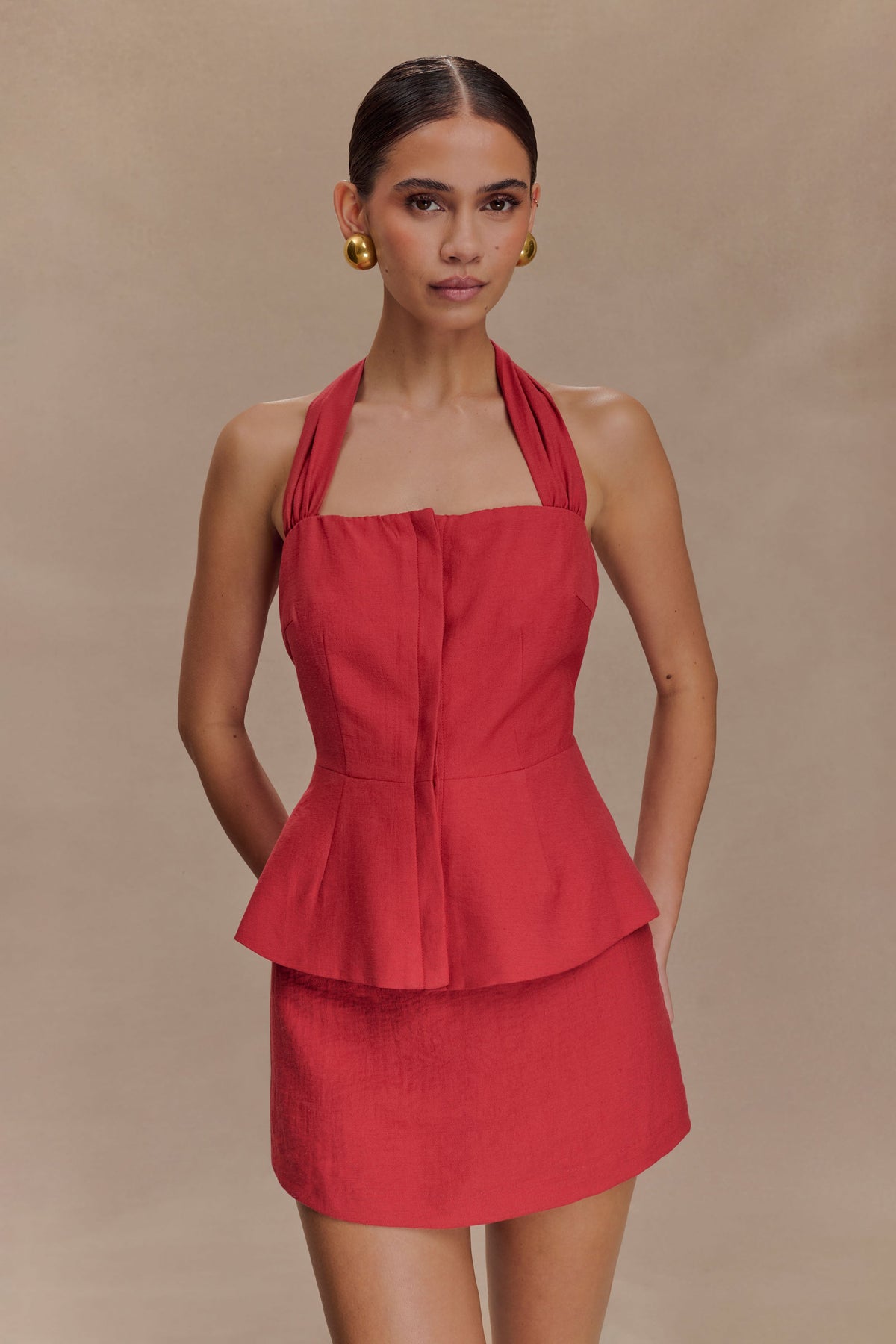 Kallie Linen Peplum Halter Top - Burnt Rose