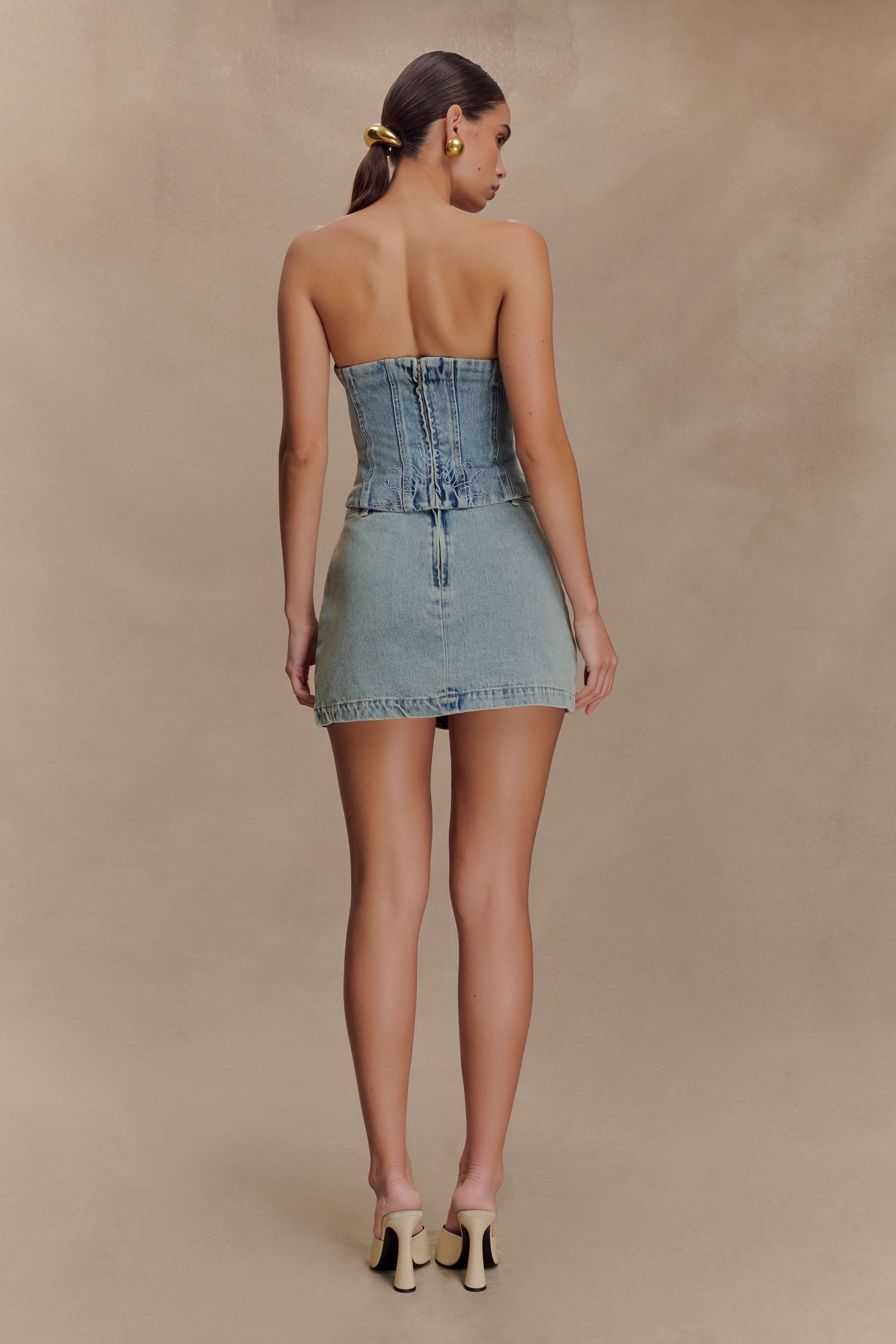 Alessia Embroidered Denim Mini Skirt - Light Vintage