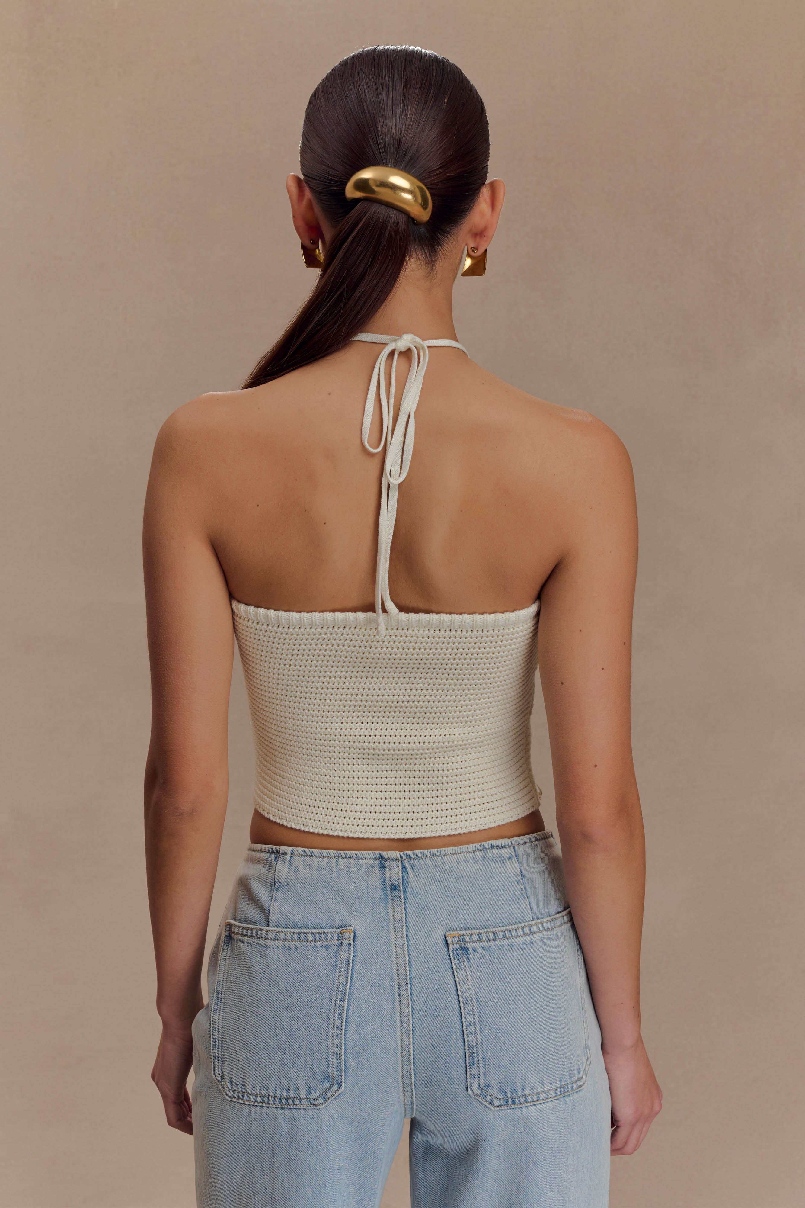 Aletta Knit Pearl Halter Top - Ivory