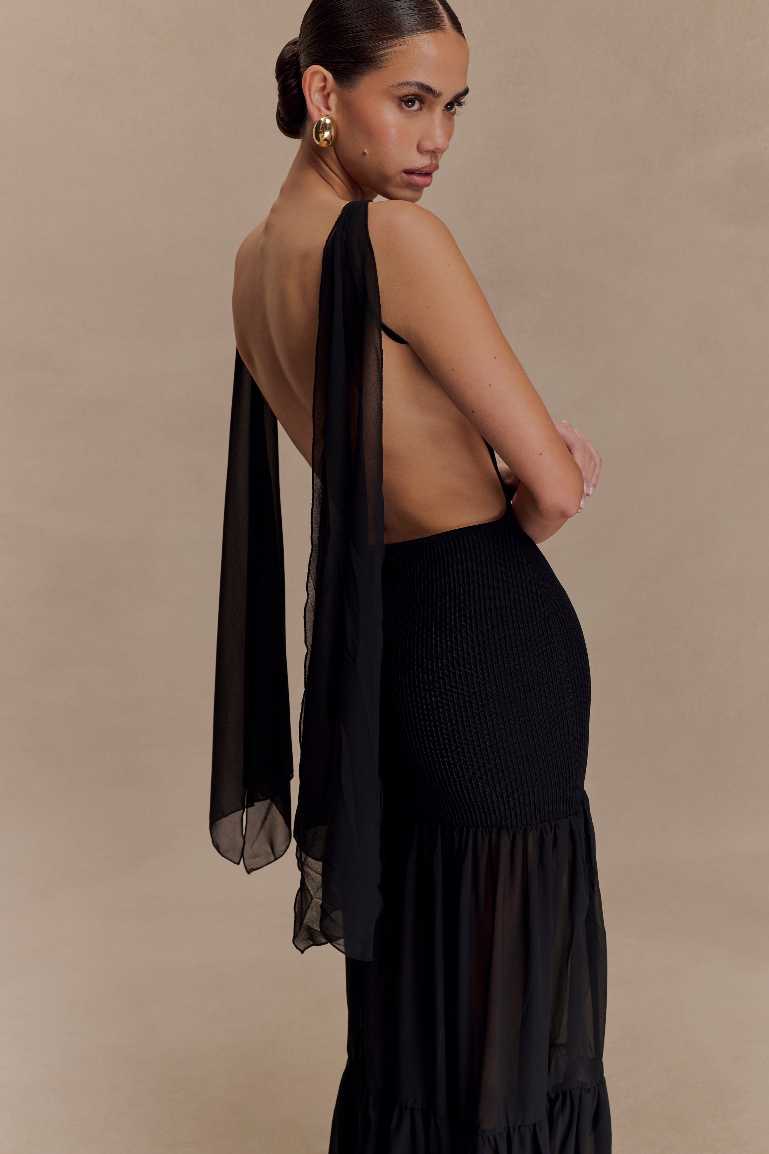 Haille Knit Chiffon Maxi Dress - Black