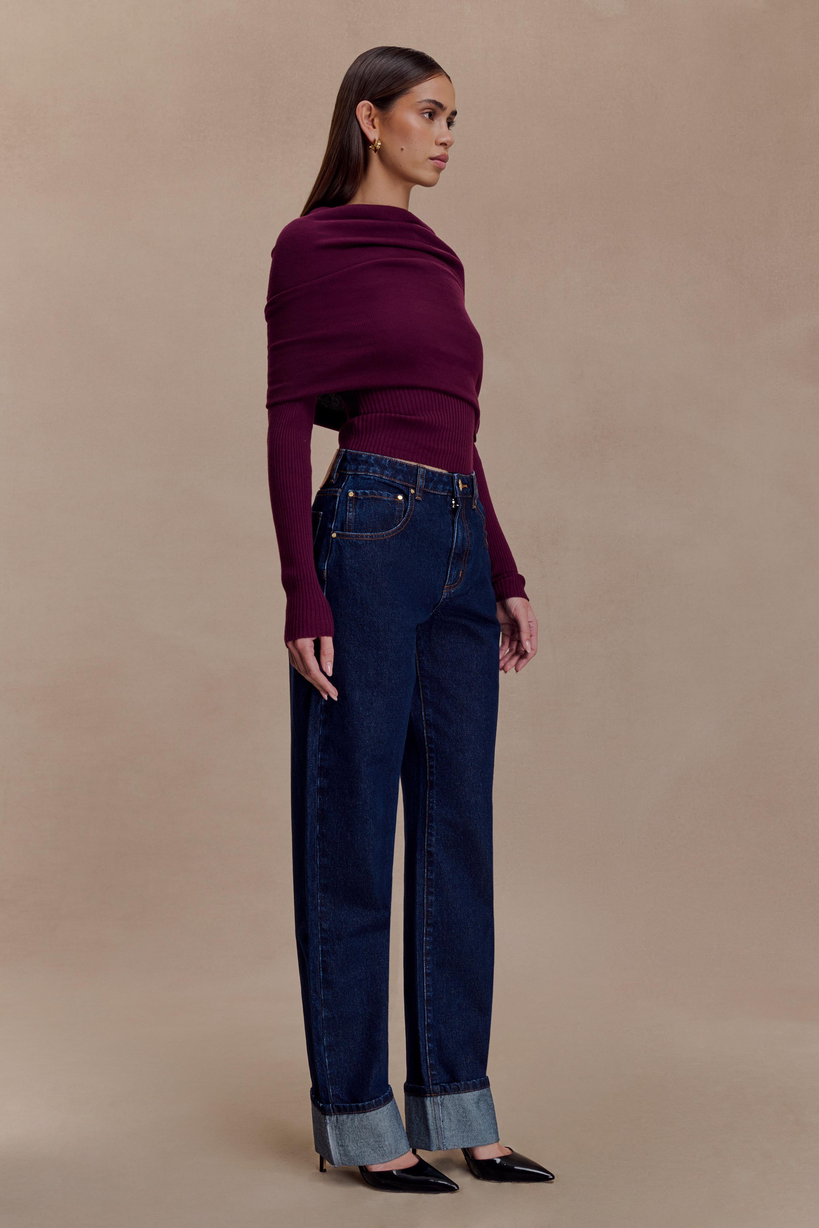 Mazie Asymetrical Cashmere Blend Long Sleeve Knit Top - Plum