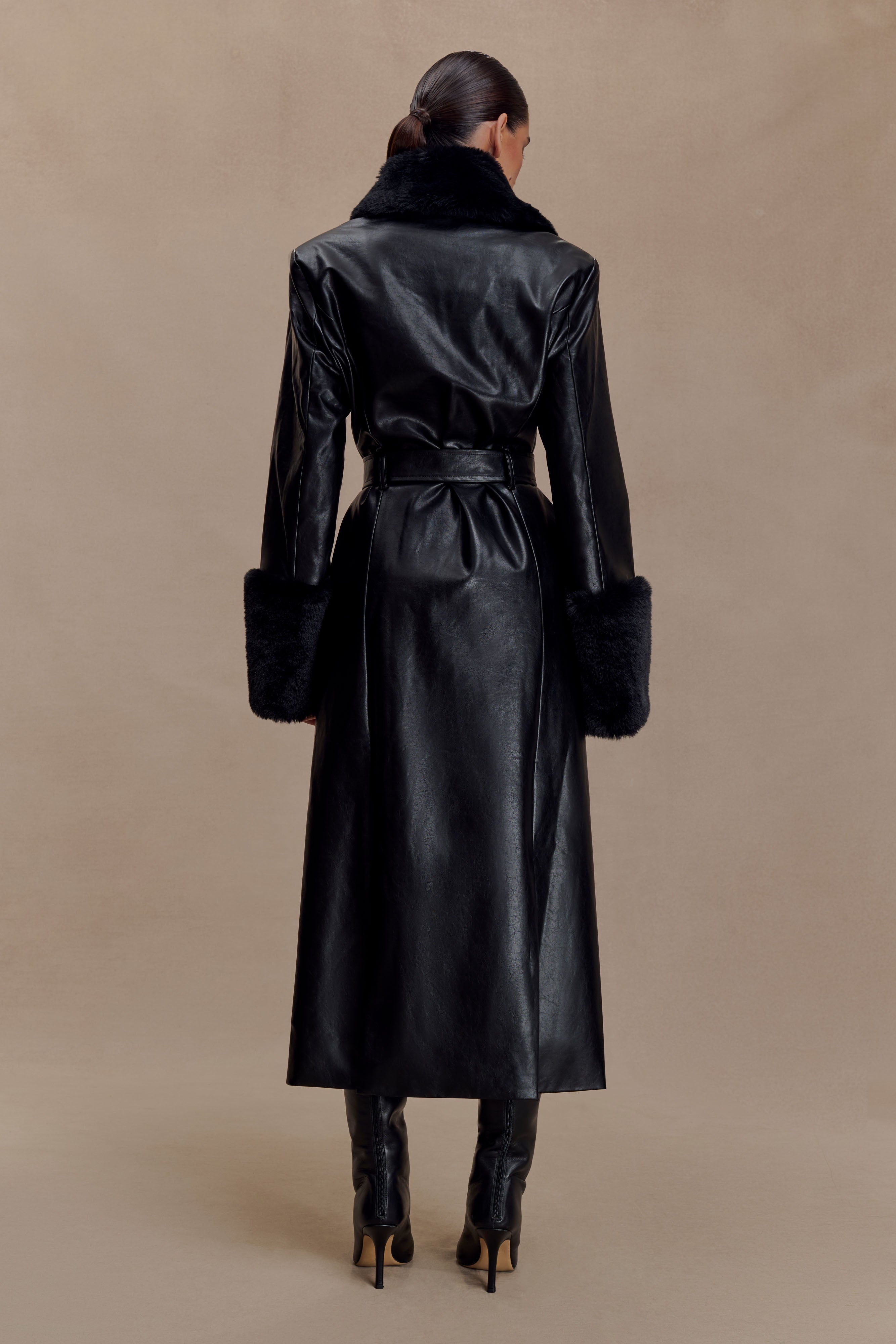 Bec Faux Leather Trench Coat With Faux Fur - Black