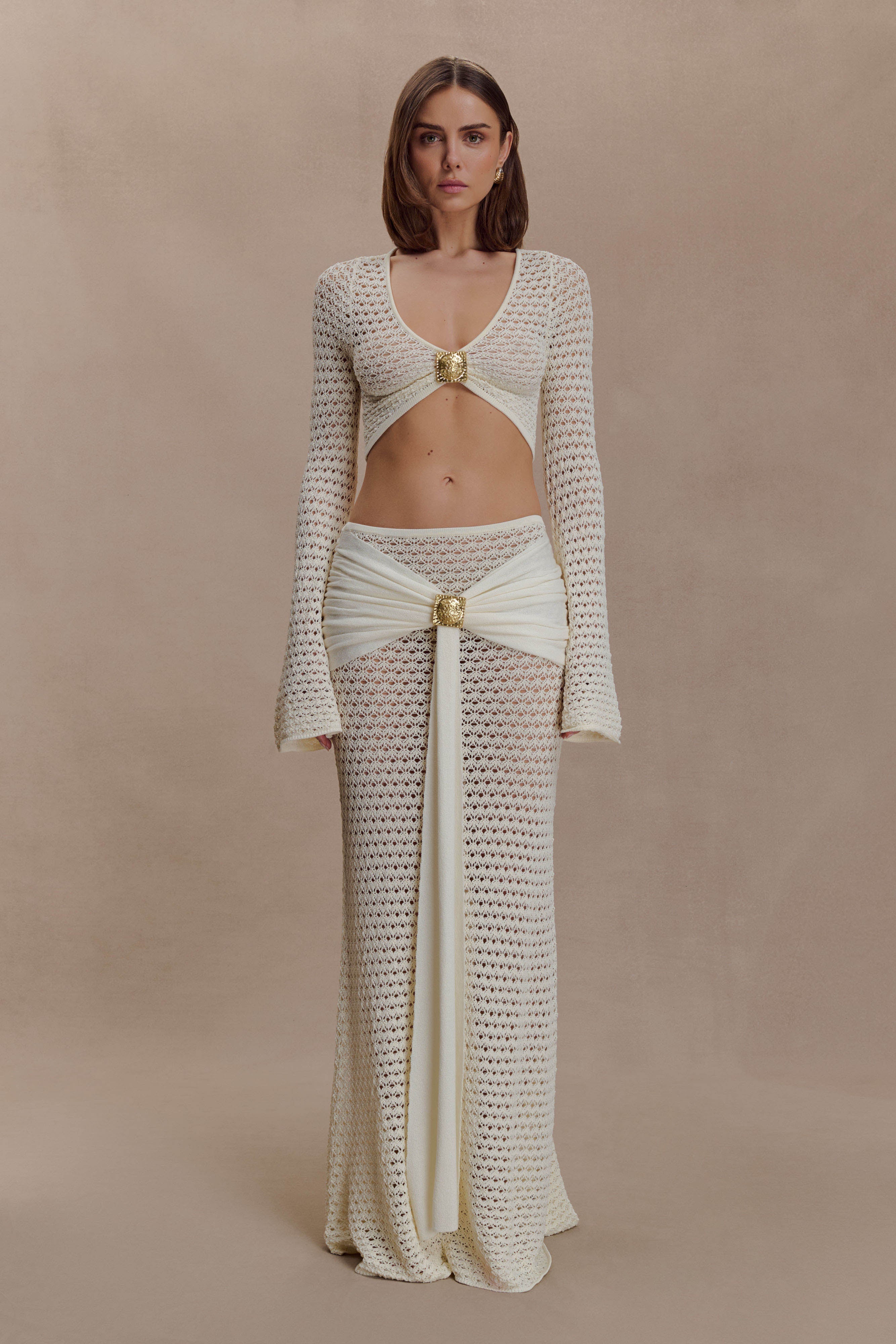 Mania Crochet Long Sleeve Cropped Top - Ivory