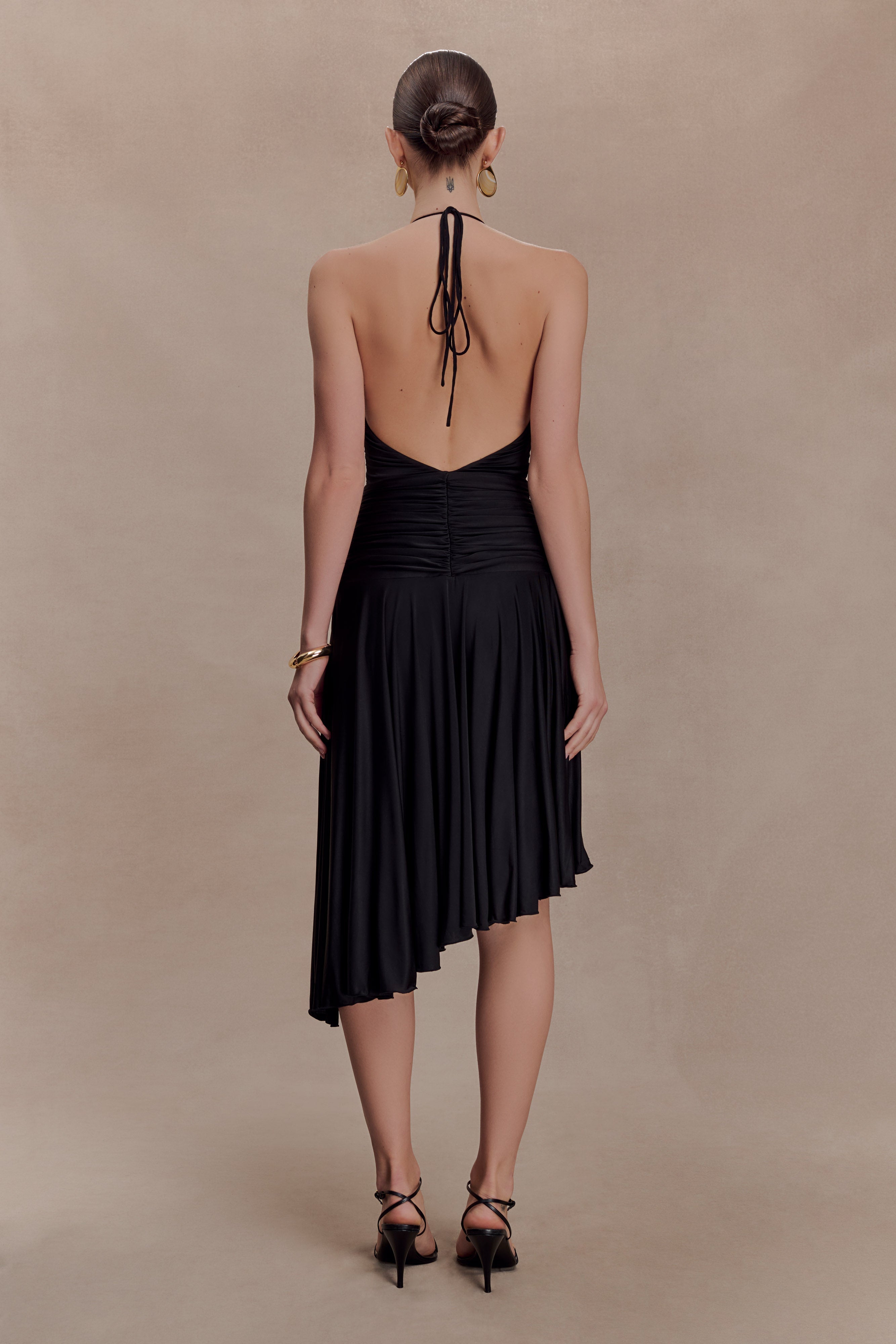 Zelda Asymmetric Slinky Midi Dress - Black