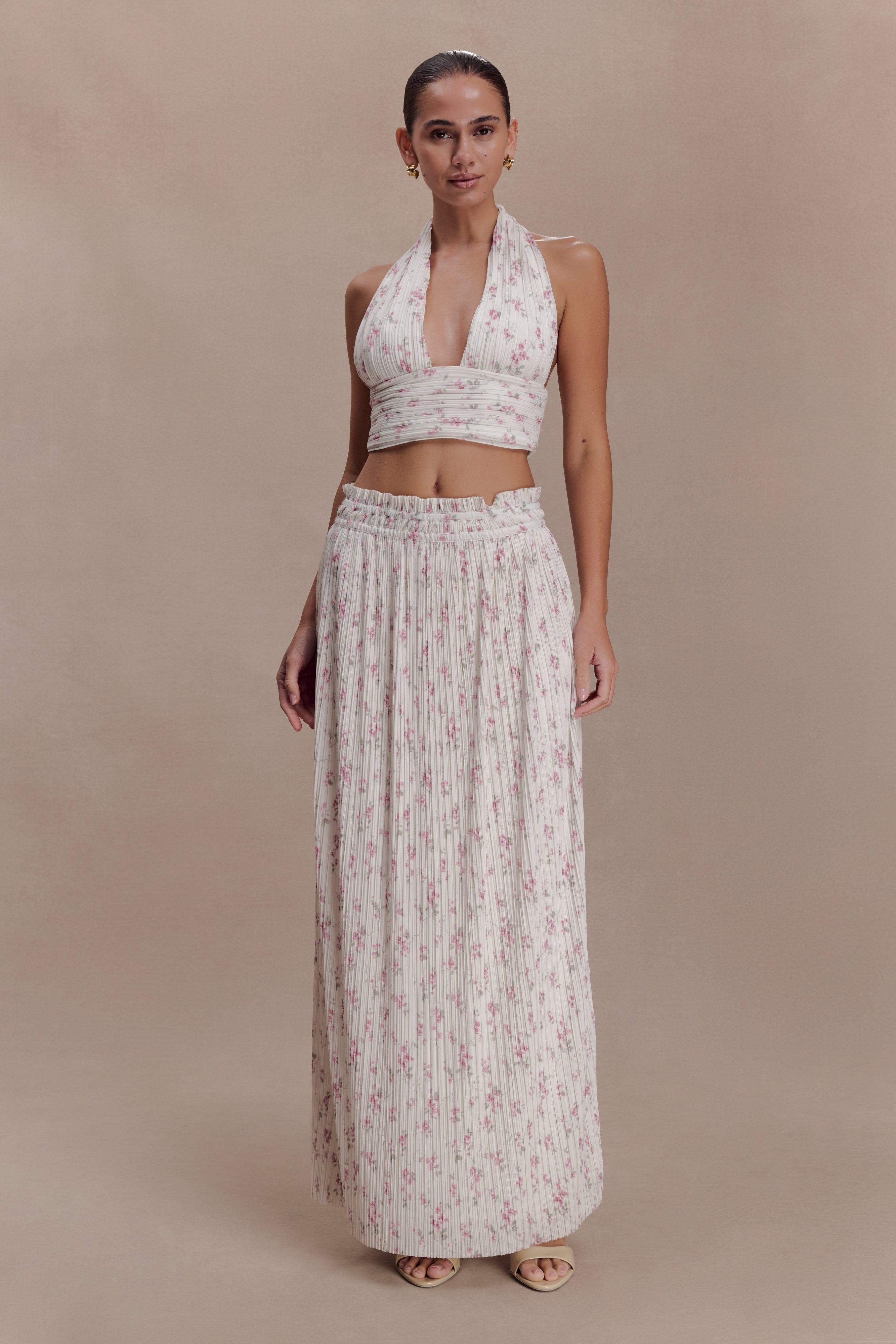 Amaris Sleeveless Plisse Halter Top - Floral Ditsy Print