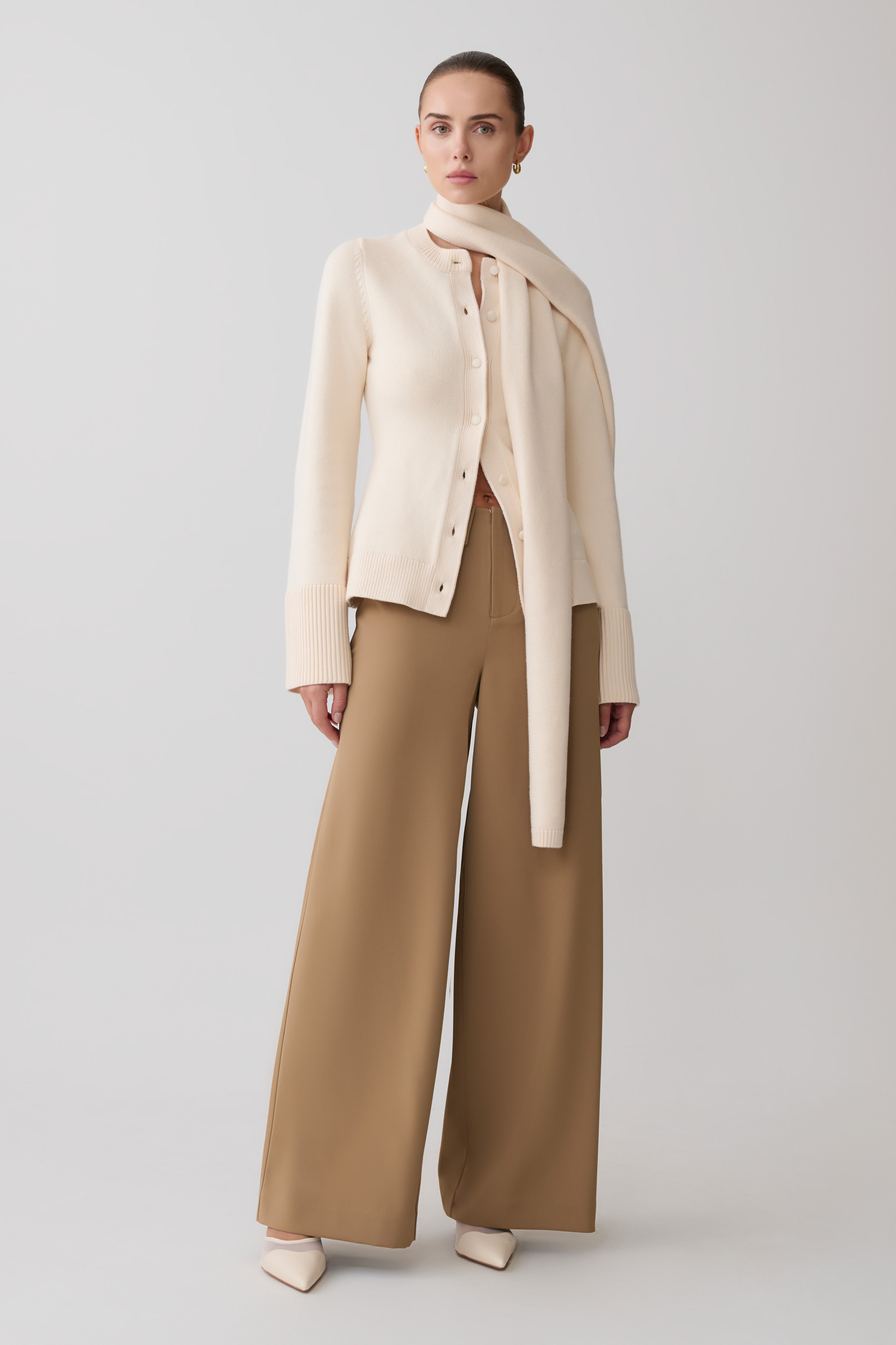 Lara Knit Cardigan With Scarf - Ivory