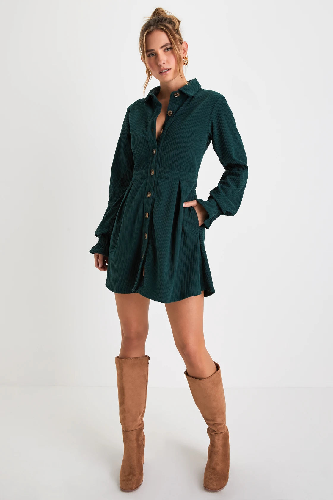 Autumn Mood Dark Brown Corduroy Mini Dress With Pockets