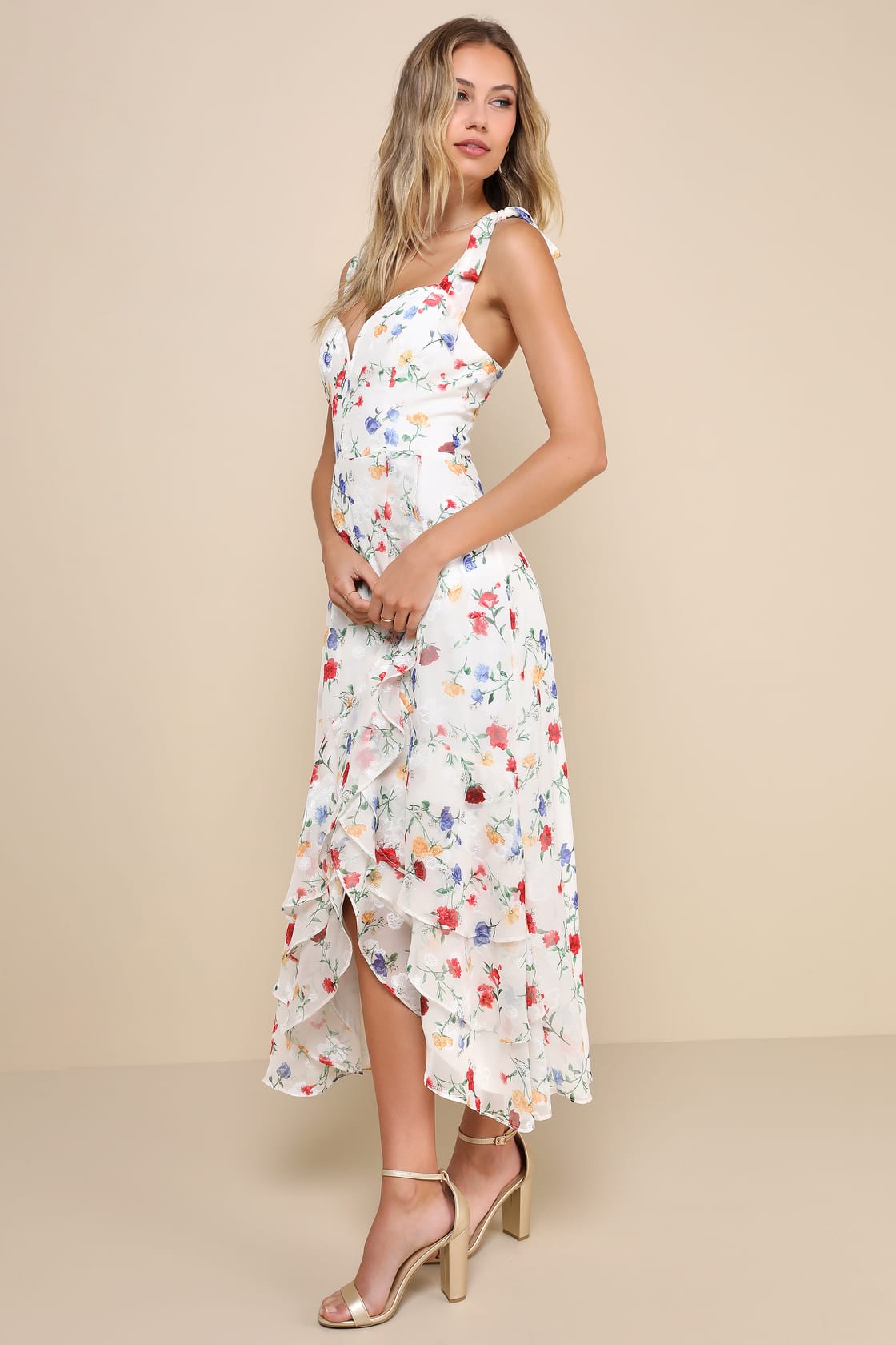 So Elevated Red Floral Jacquard Tie-Strap High-Low Midi Dress
