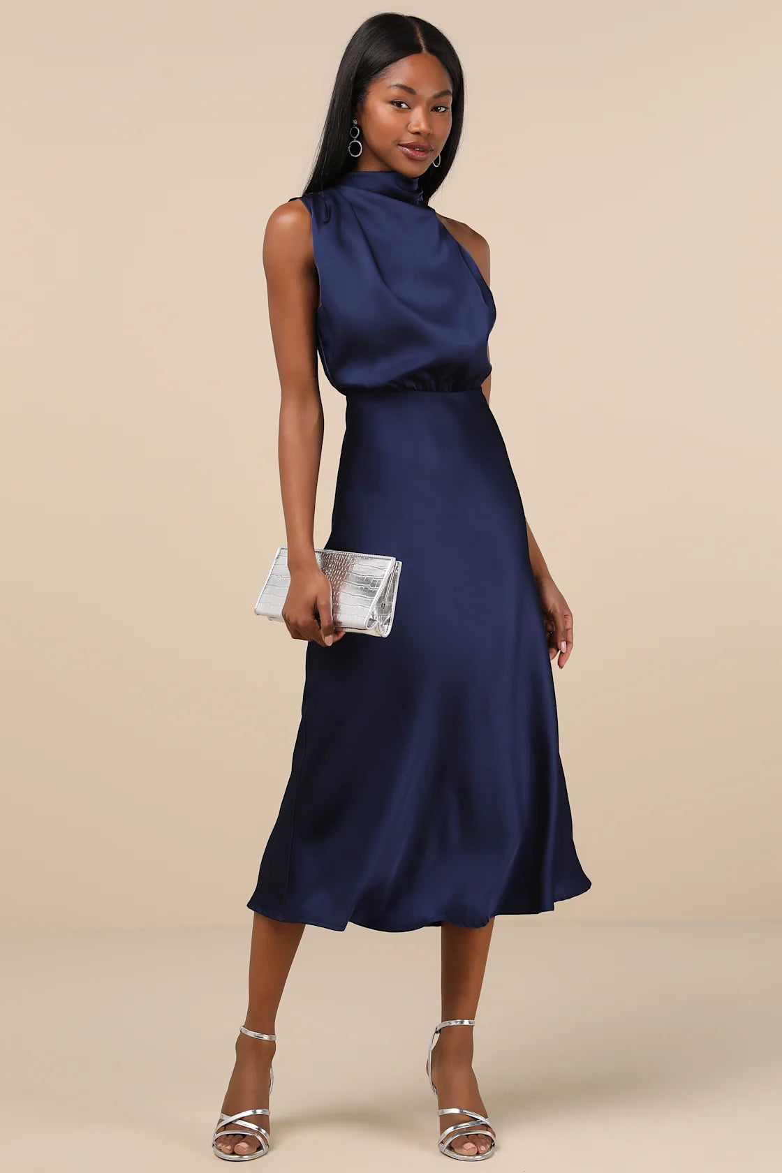 Distinctive Charm Red Orange Satin Asymmetrical Midi Dress