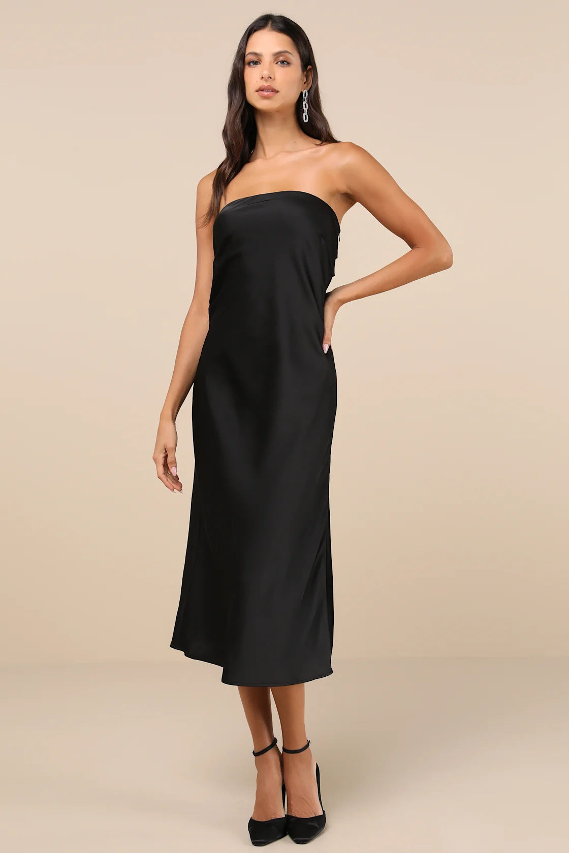 Effortless Bliss Blush Pink Satin Strapless Cowl Back Midi Dress