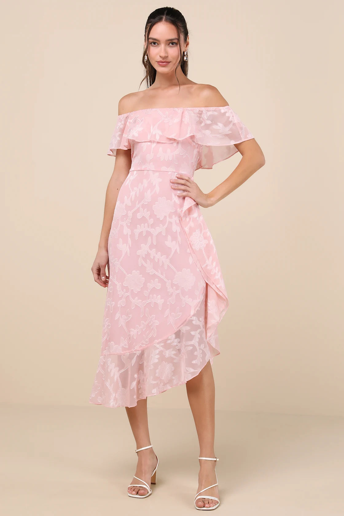 Pretty Perfect Navy Floral Burnout Off-The-Shoulder Midi Dress