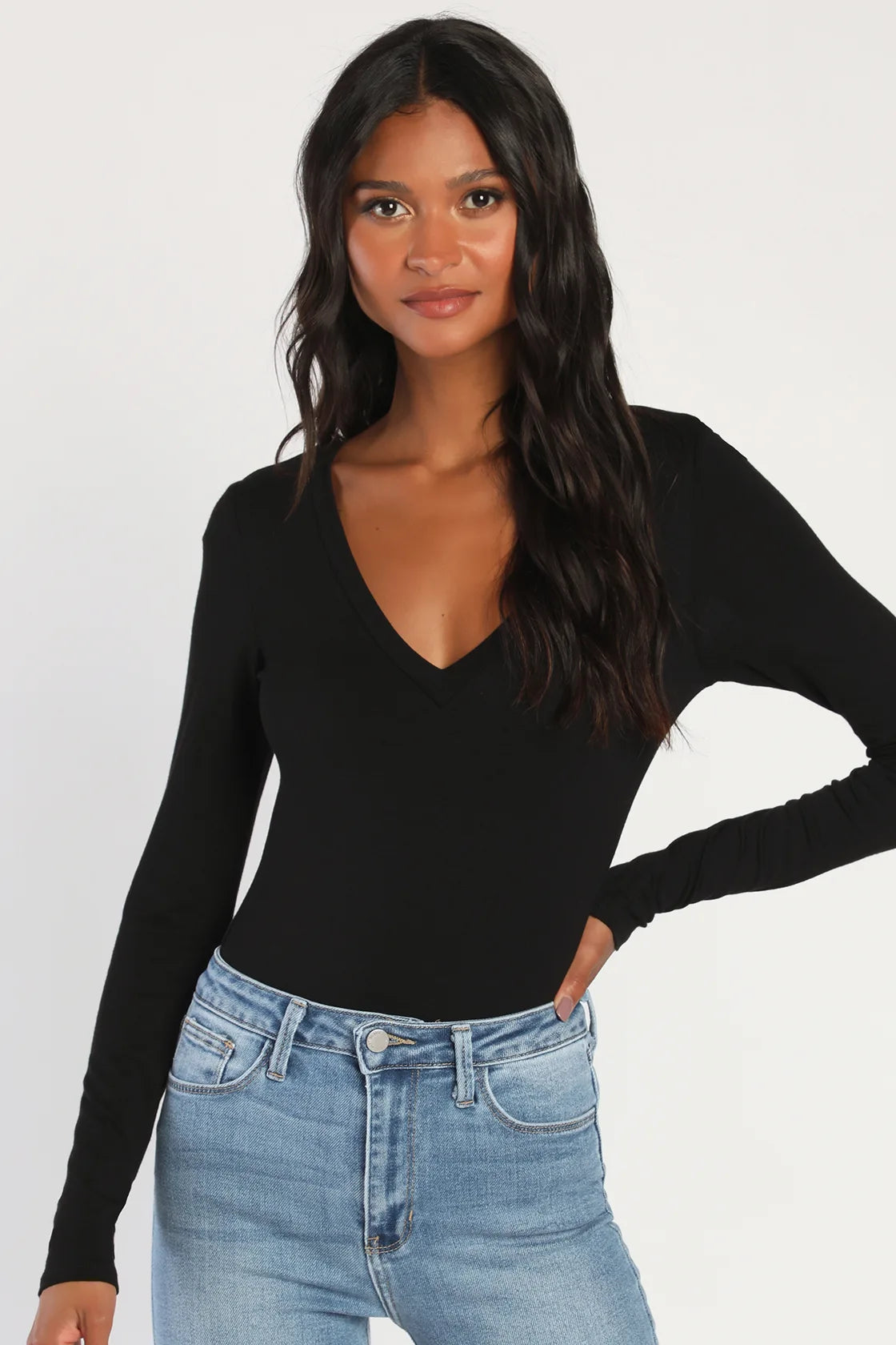 Clean Look White V-Neck Long Sleeve Bodysuit