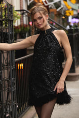 Magnetic Darling Shiny Black Sequin Feather Shift Mini Dress