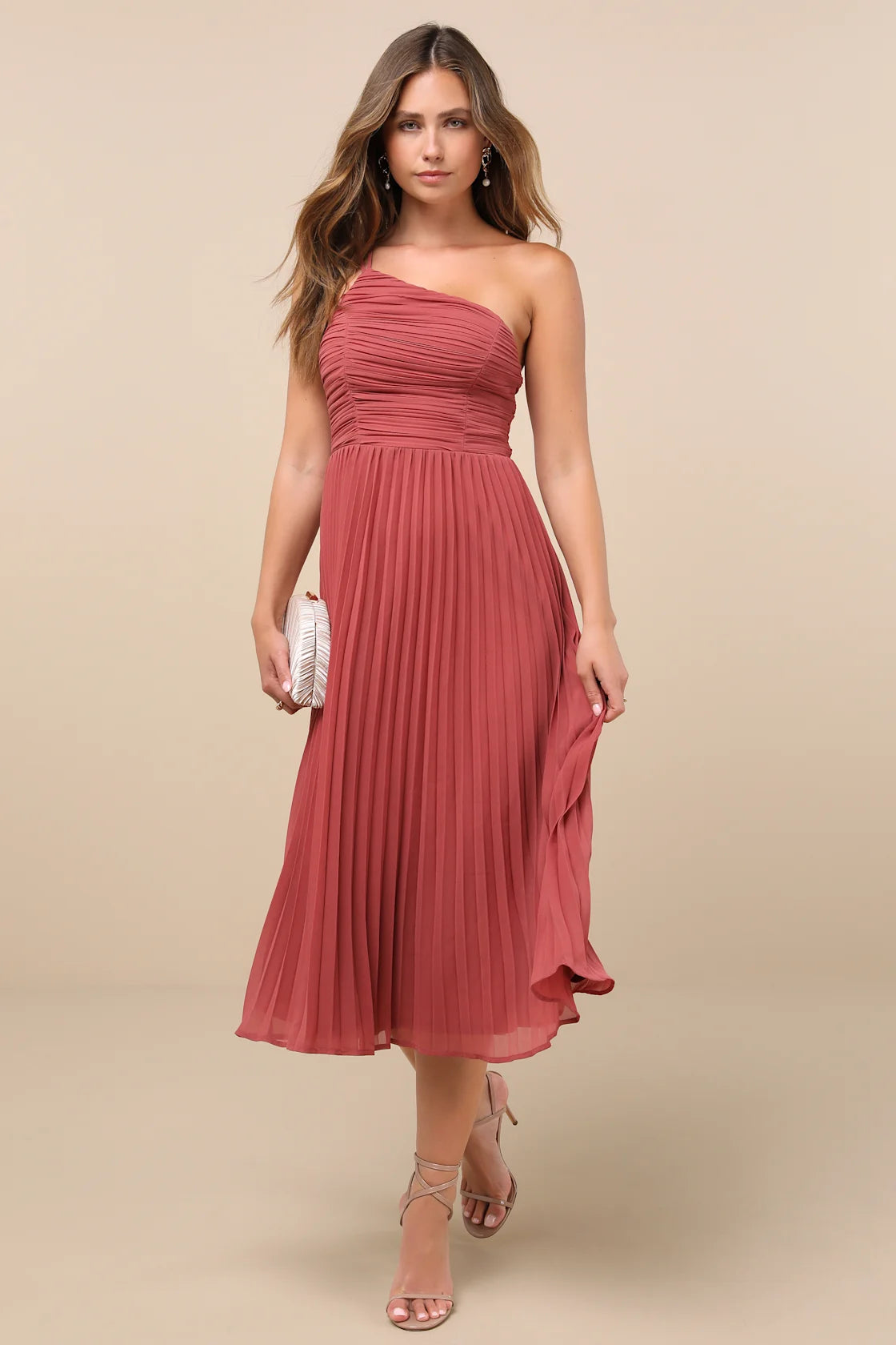 Wondrous Muse Navy Blue Pleated One-Shoulder Midi Dress