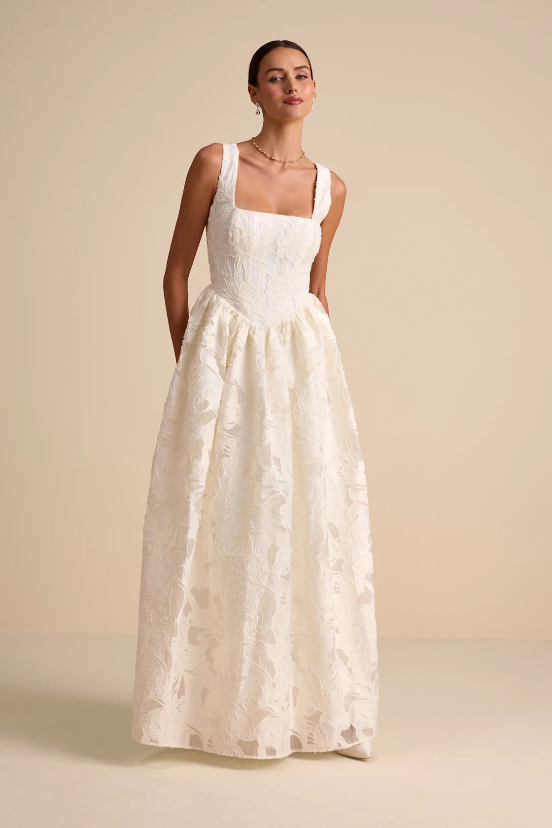 Corsen Ivory Floral Jacquard Corset A-Line Maxi Dress