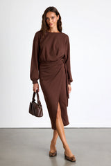 Eunia Charcoal Grey Jersey Knit Long Sleeve Wrap Midi Dress