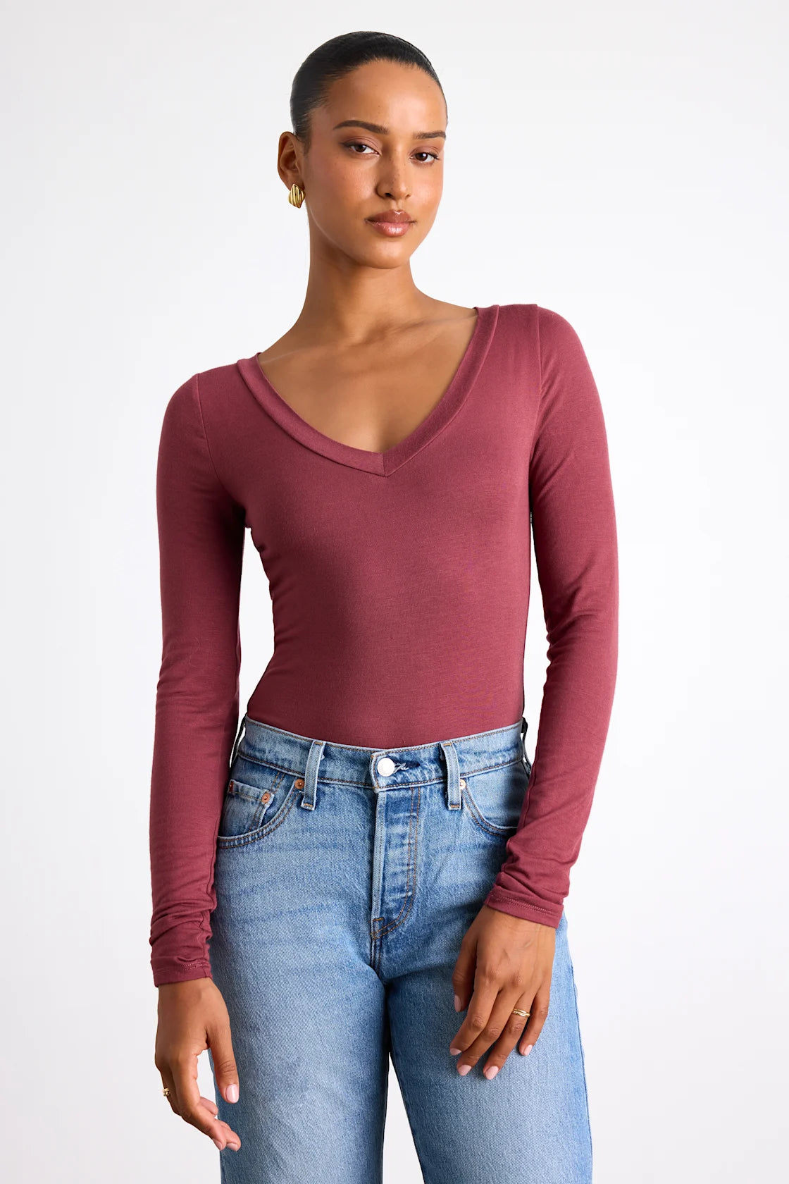 Clean Look White V-Neck Long Sleeve Bodysuit