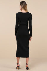 Snuggly Sweetness Black Ribbed Zip-Front Sweater Midi Dress