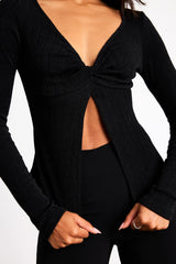 Myron Sage Ribbed Knit Twist-Front Long Sleeve Top