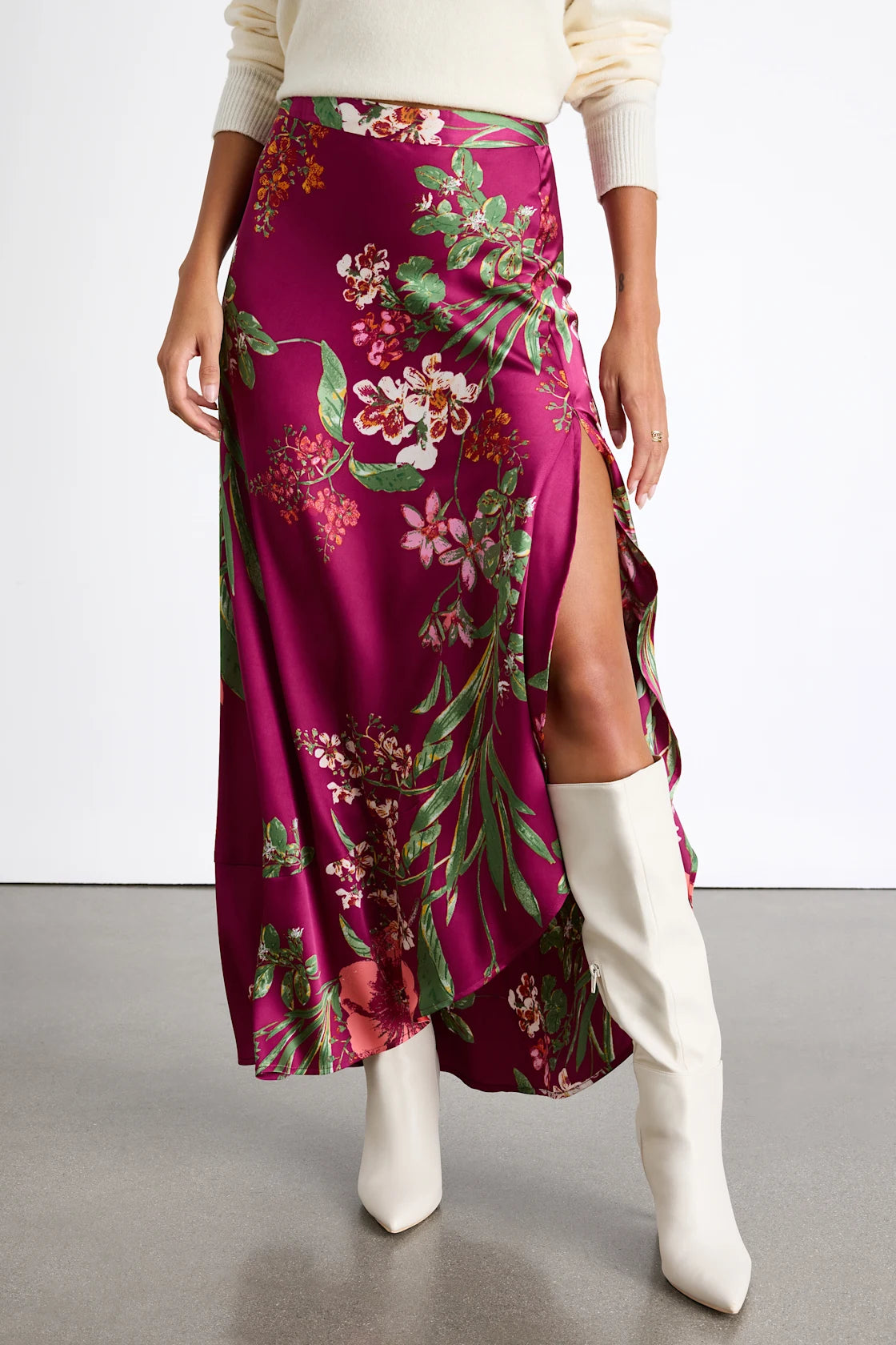 Superbly Stunning Navy Floral Print Satin Maxi Skirt