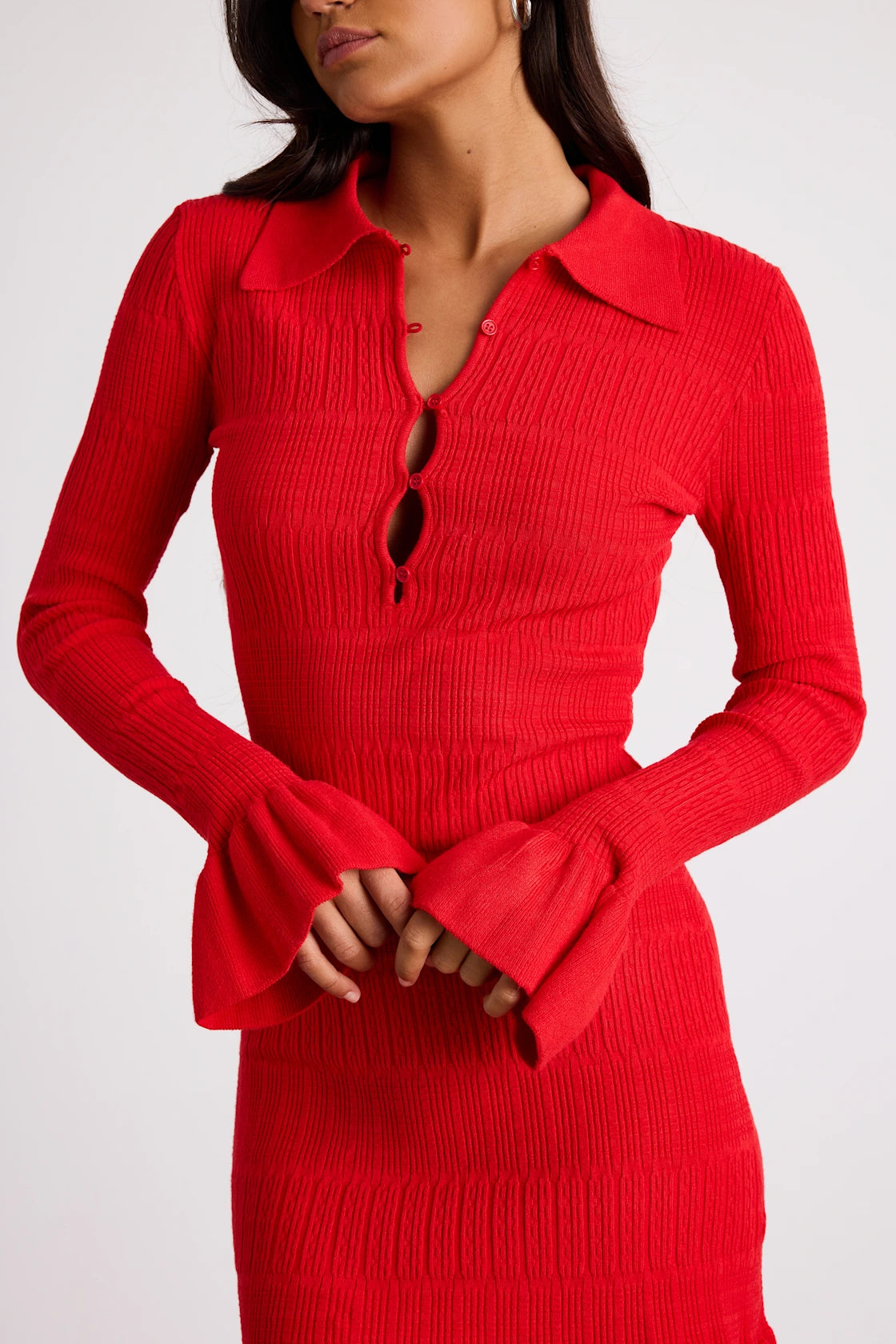 Coralee Navy Textured Collared Ruffled Sweater Mini Dress