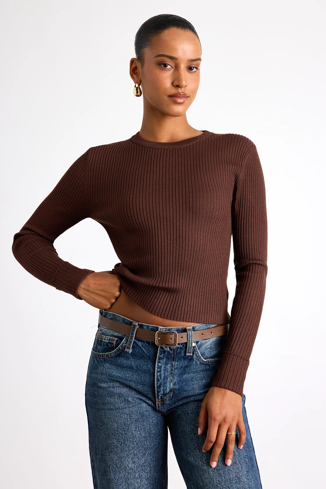 Karlee Dark Teal Blue Ribbed Knit Long Sleeve Sweater Top