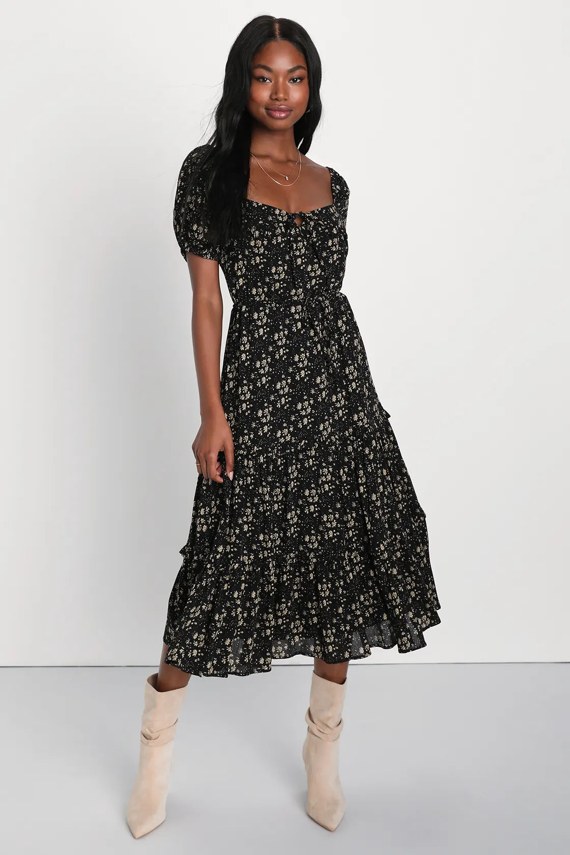 Adorable Ideal Burgundy Floral Print Tiered Ruffled Midi Dress