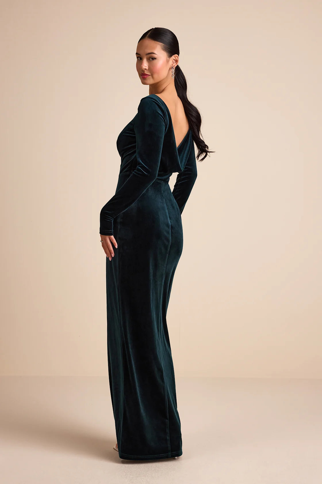 Duarte Burgundy Velvet Cowl Back Long Sleeve Maxi Dress