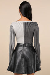 Mod Cutie Burgundy Color Block Ribbed Long Sleeve Bodysuit