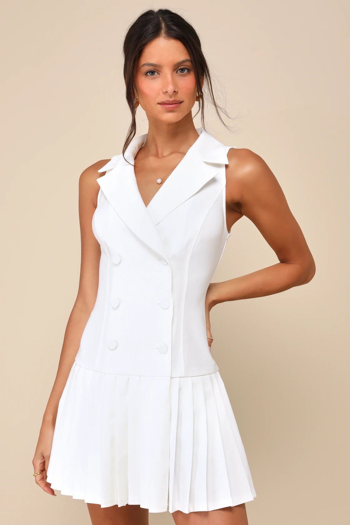 Posh Vision Navy Sleeveless Blazer Pleated Mini Dress