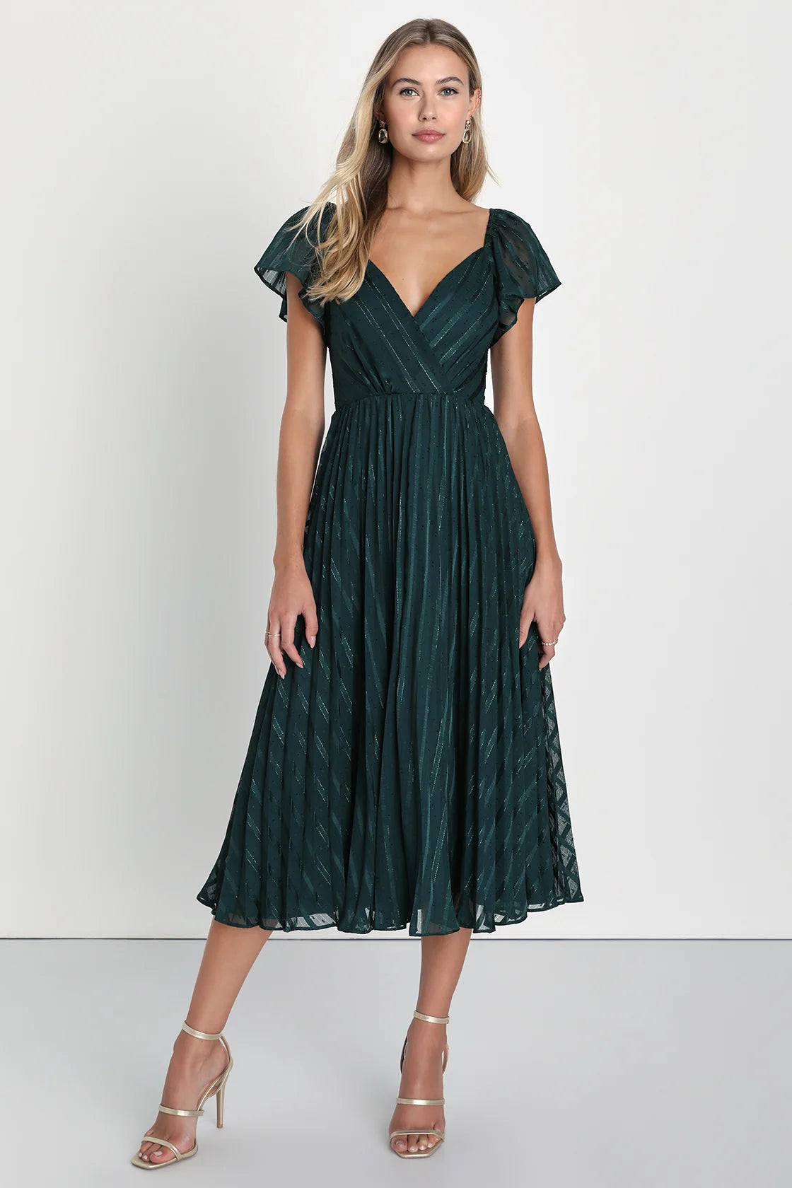 Standout Sophistication Mauve Lurex Flutter Sleeve Midi Dress
